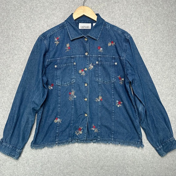 Casey & Max Jackets & Blazers - VTG CASEY & MAX Womens Denim Jacket Floral Embroidery Frayed Hem Blue Size‎ L